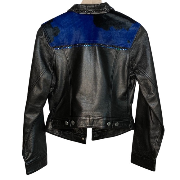 Kippys Black Western Leather Jacket with Blue Calf Hair and Rhinestones Small - Picture 3 of 16